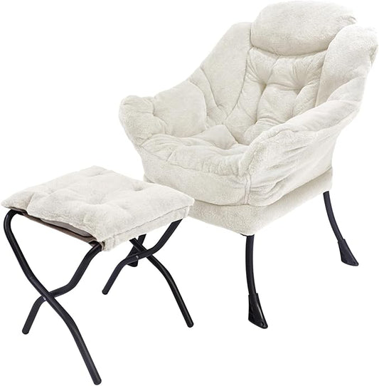 Kokel Lazy Chair with Folding Ottoman,Living Room Chairs, Accent Contemporary Lounge Chair, Single Steel Frame Leisure Sofa Chair with Armrests and A Side Pocket (TM3WHITE)