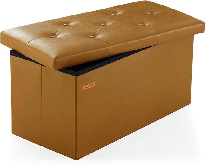 HAUSFRAU - Storage Ottoman Bench, 30 Inches Button Tufted Upholstered Ottoman Footstool with Storage for Living Room Bedroom Entryway, Load 660 lb, Synthetic Leather, Caramel
