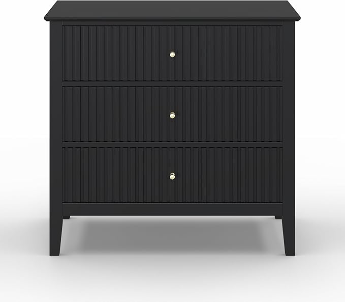 Large Black Fluted 3-Section, Modern 30 Inch Tall Wood Side Unit with Ball Bearing Slides, Wide Accent Furniture with Spacious Compartments for Living Room Entryway
