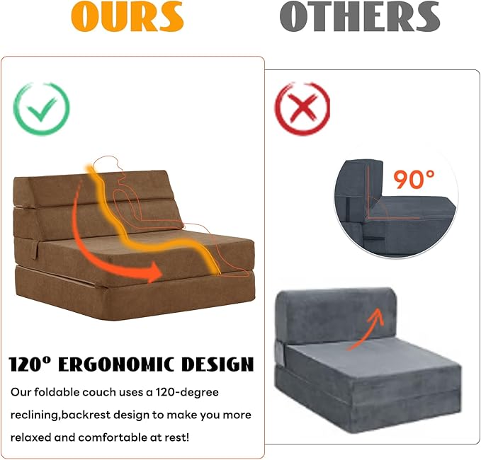 jela Foldable Sofa Bed Large Soft Foam Convertible Sleeper Chair Luxury Miss Fabric Fold Out Chair Bed Floor Couch with Back Support Floor Sofa for Living Room Bedroom (83"x33",Coffee Brown) | breathable material