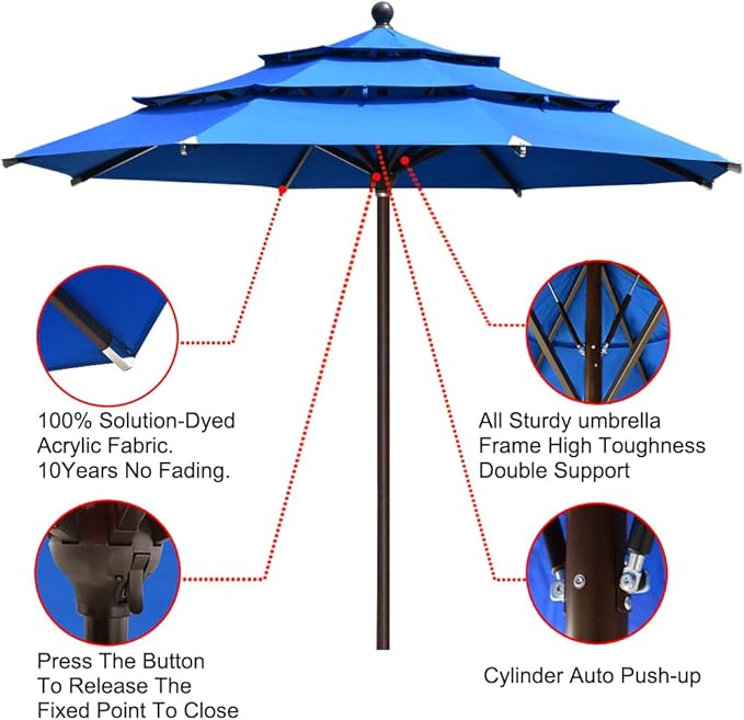 EliteShade USA 10-Year-Non-Fading 11ft 3-Tier Market Patio Umbrella, Commercial Grade Outdoor Table Umbrella with Cylinder Push-Up, Windproof & UPF 50+ UV Protection, Heavy Duty Ventilation for Garden, Deck, Pool, Backyard, Beach & Bistro, Royal Blue