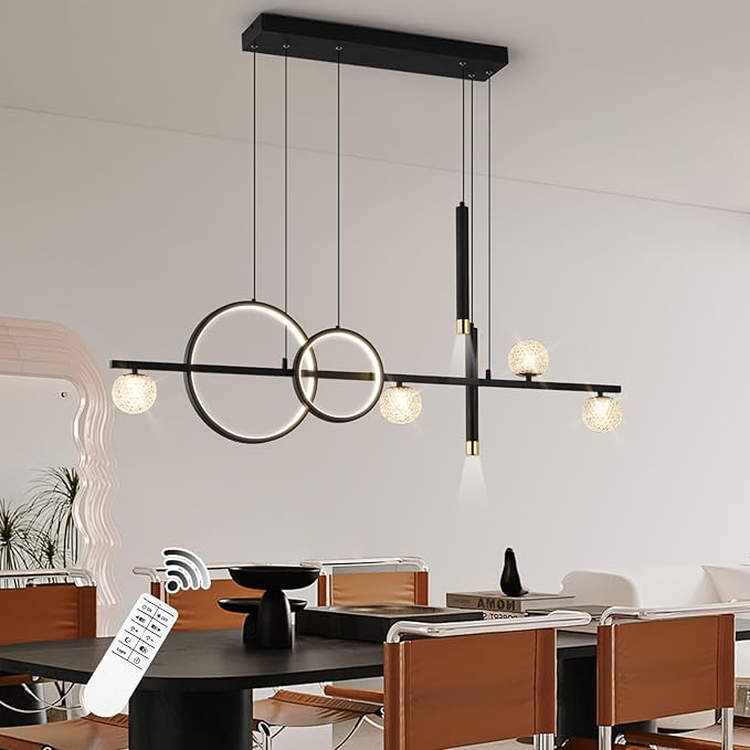 Modern LED Pendant Lights, Dimmable 47in Linear LED Chandelier Lighting, Upgraded Black & Gold Dining Room Hanging Light Fixtures Kitchen Island Globe Pendant Light for Dining Table (4200lm)
