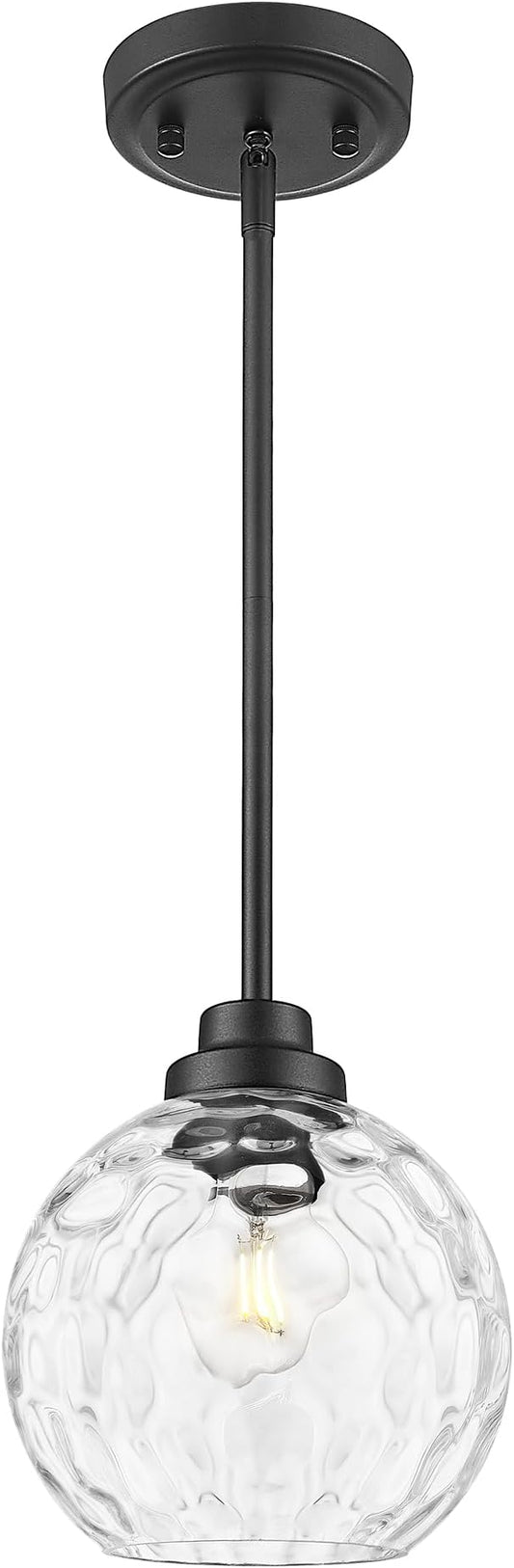 8 Inch Modern Farmhouse Pendant for Kitchen Island, Adjustable Height Hanging Fixture with Hammered Glass, Matte Black, Dining Room Entryway - PL101HBK-L