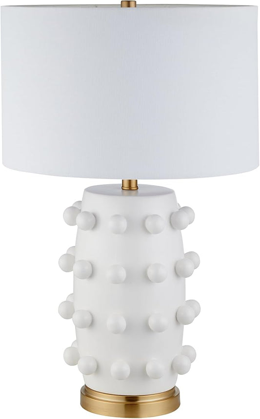 Henn&Hart 25.5'' Modern 1-Light Ceramic Table Lamp with Spherical Orbs on Lamp Body with White Fabric Drum Shade for Living Room, Bedroom, or Office, Matte White