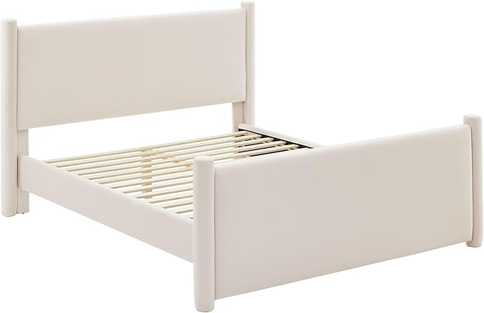Modway Rael King Platform Bed Frame with Upholstered Headboard and Footboard in Alabaster – Stain-Resistant Performance Velvet King Size Bed with Rounded Posts