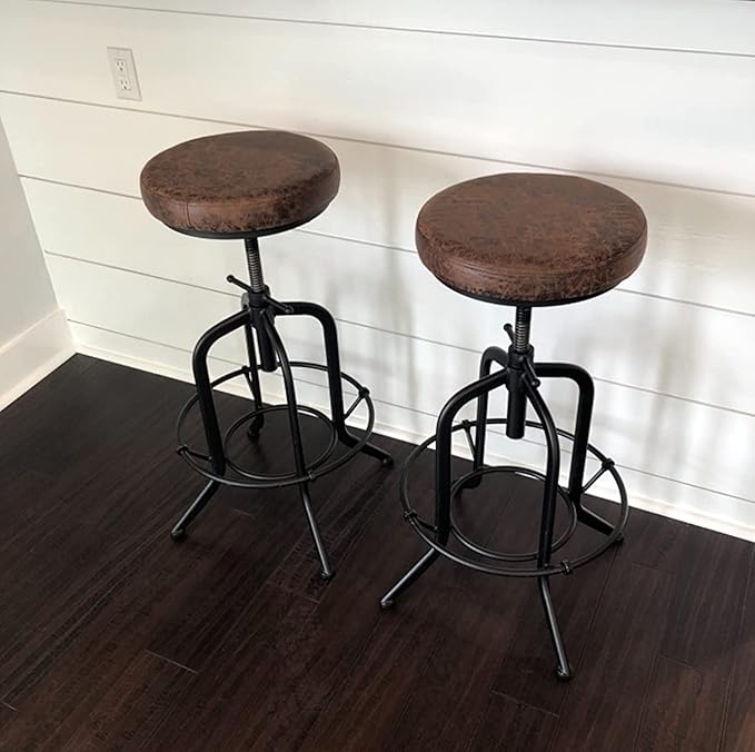 LOKKHAN Industrial Bar Stool, Set of 2, Rustic Swivel Leather Stool, Metal Pipe & Round PU Leather Cushion, Vintage Adjustable Height, 25.39-31.29 Inch, Black