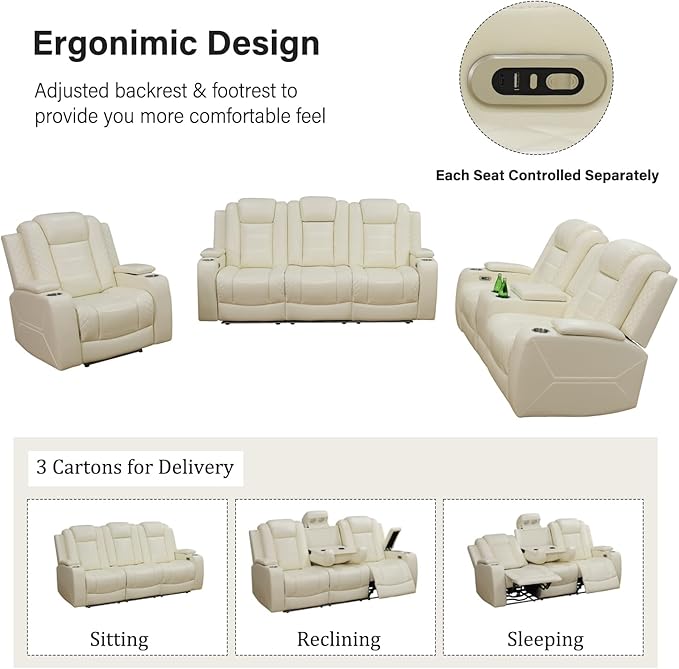 Power Recliner for Living Room, Air Leather Reclining Chair with LED/Storage, 1-Seater Reclining Furniture, Creamy White Leather Couch for House/Apartment/Office