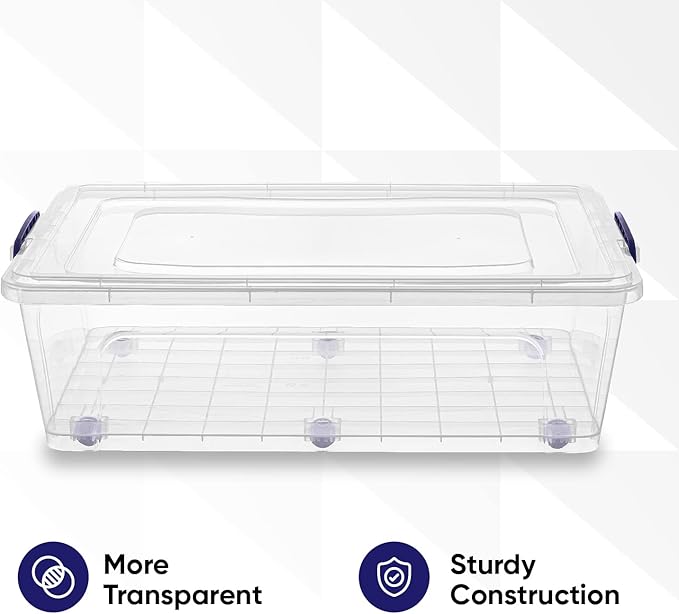 Superio Under Bed Storage Containers with Wheels (2 Pack), Flat Clear Storage Bin Stackable Large Storage Latch Box with Lids Store Cloths, Bedding, Linen, For Under The Bed, Garage, Home