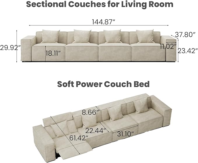 145" Power Sofa, Modern Recliner Sofa for Living Room, Sofa with Pillows, Mid Century Modern Seats, Sectional Couch, Pet Friendly, Free Combination for Home, Beige