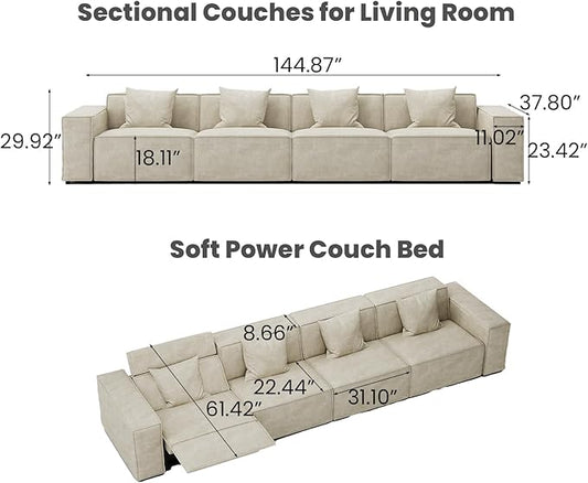 145" Power Sofa, Modern Recliner Sofa for Living Room, Sofa with Pillows, Mid Century Modern Seats, Sectional Couch, Pet Friendly, Free Combination for Home, Beige