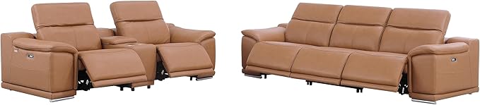 Blackjack Furniture Venice Top Grain Italian Leather Power Recline 6 Piece 5 Seater Sofa - 107" Theater Seating Modern Couch for Living Room Apartment with Adjustable Headrests & USB Port, Cognac