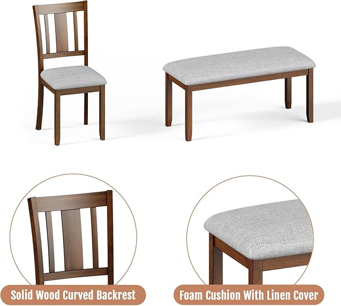 6-Piece Wooden Dining Set - Table & Chairs for 6, Includes Table, 4 Upholstered Chairs & 1 Bench, Walnut