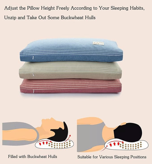 Buckwheat Pillows for Sleeping, Adjustable Hulls Firm Pillow Neck Head Back Shoulder Support for Pain Relief, Small Bed Pillow for Side Back Sleepers, Blue 19"X11"