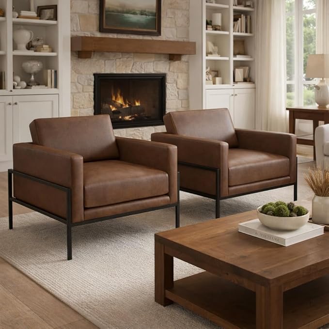 HomePop Modern Metal Frame Accent Chair|Homepop Home Décor|Accent Chairs for Living Room & Bedroom - Brown Faux Leather