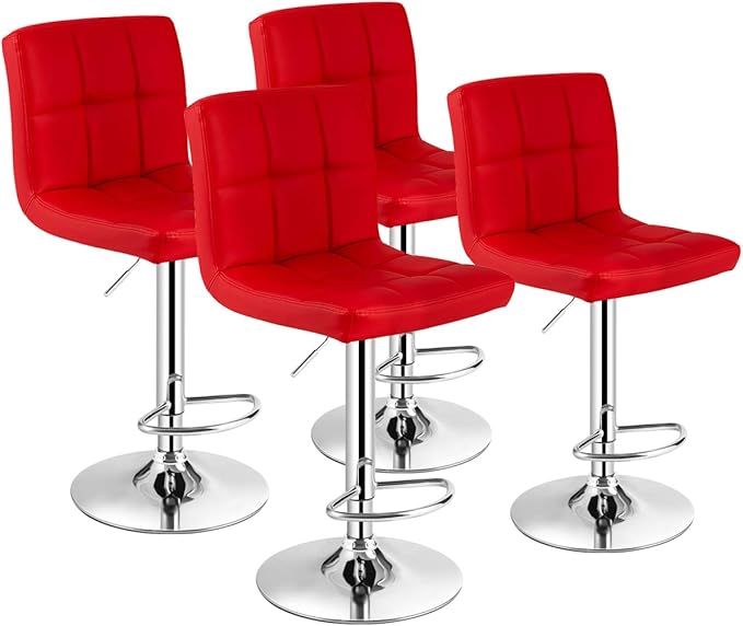 COSTWAY Adjustable Bar Stools Set of 4, Modern Swivel PU Leather Bar Chair with Backrest, Soft Cushioned Seat, Footrest, Sturdy Metal Frame, Comfortable Barstools for Kitchen Island, Pub, Red
