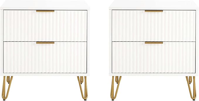 Manhattan Comfort Dumbo Modern Nightstand 2.0 with 2 Drawer and Metal Feet | Splayed Gold Legs | Vertical Ribbed Design | No Tool Assembly Storage for Bedroom, Set of 2, Set of 2, White