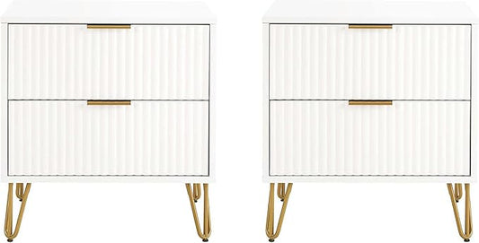 Manhattan Comfort Dumbo Modern Nightstand 2.0 with 2 Drawer and Metal Feet | Splayed Gold Legs | Vertical Ribbed Design | No Tool Assembly Storage for Bedroom, Set of 2, Set of 2, White