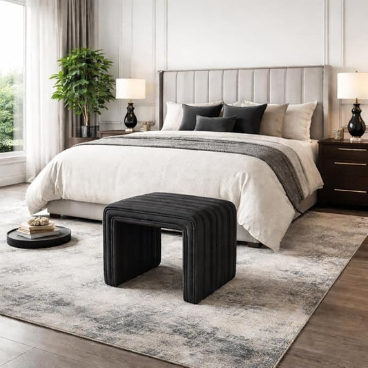 Spatial Order Modern Channel Tufted Ottoman | Spatial Order Home Décor | Ottoman for Living Room & Bedroom - Black Faux Leather