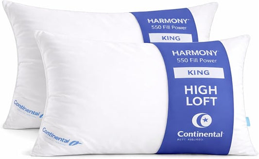 Continental Bedding Harmony White Goose Down Pillow 550 Fill Power Firm Loft 100% Cotton 300 Thread Count Shell King Size 2 Pack Made in USA