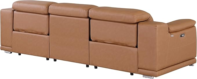 BlackJack Furniture Venice Top Grain Italian Leather Dual Power Recliner Sofa - 107" Theater Seating Modern Couch for Living Room Apartment Lounge Home with Adjustable Headrests & USB Port, Cognac