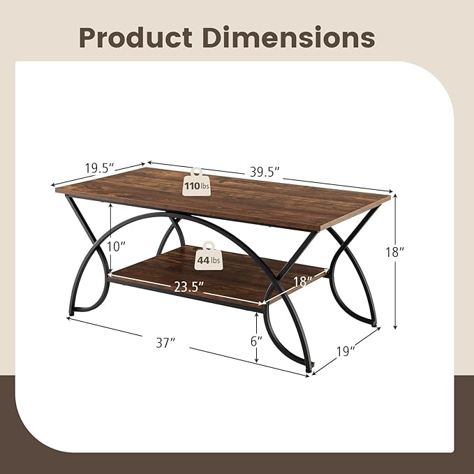 COSTWAY 2-Tier Coffee Table, Industrial Wood Accent Table with Storage Shelf and Black Finished Metal Frame, Chic Rectangular Side End Table for Living Room Office Lounge (Coffee)