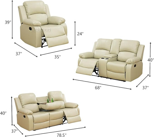 Beige Recliner Sofa Set 3PCS Manual Reclining Sofa Living Room Furniture Sets Contempary Bonded Leather Reclining Couch Set with Cup Holder/Storage Console for Home/Office (Beige, 3PCS Set)