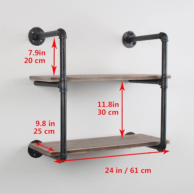 MBQQ Industrial Pipe Shelving Wall Mounted,24in Rustic Metal Floating Shelves,Steampunk Real Wood Book Shelves,Wall Shelf Unit Bookshelf Hanging Wall Shelves,Farmhouse Kitchen Bar Shelving(2 Tier)