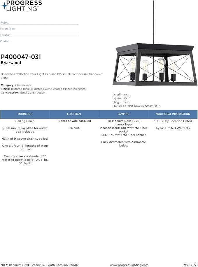 Progress Lighting 4 Light Chandelier, Rustic Farmhouse Style Modern Hanging Light Fixture for Kitchen and Dining Room, Briarwood Collection, Textured Black