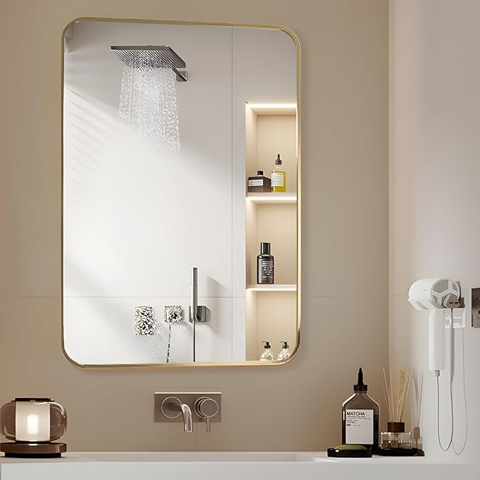 Manocorro Wall Mirror Bathroom Mirror, 20 x 28 Inch Vanity Mirror with Aluminum Alloy Frame, Rounded Corner Hanging Mirror Decor for Entryway, Bedroom, Living Room, Gold