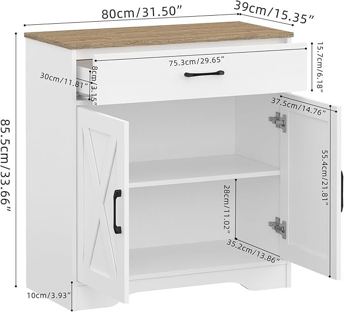 Panana Wooden Cabinet 1 Drawer and 2 Doors Storage Cupboard Coffee Bar Sideboard Farmhouse Entryway Organizer Console (White)