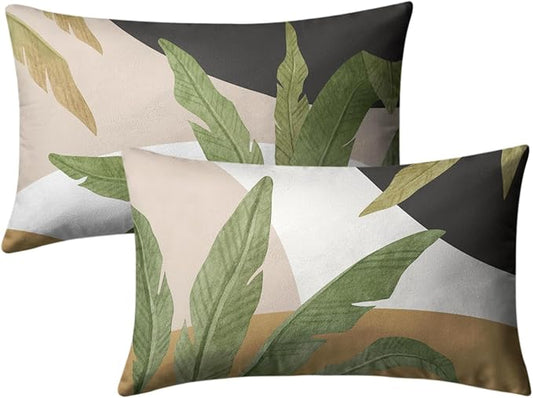 Spring Summer Green Tropical Lumbar Pillow Covers 12x20 Set of 2 Palm Leaf Throw Pillow Covers Brown and White Black Decorative Pillowcase Modern Home Decor for Bed Sofa
