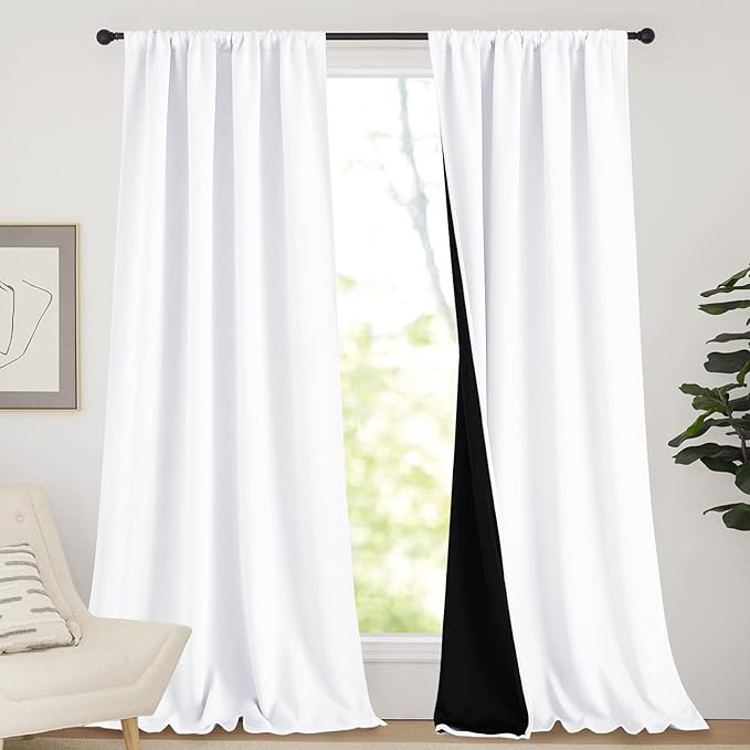 NICETOWN White 100% Truly Blackout Curtains, Rod Pocket Super Heavy-Duty Black Lined Total Darkness Drapes for Hall, Privacy Window Treatment Curtains for Patio (2 PCs, 52-inch W x 108-inch L)