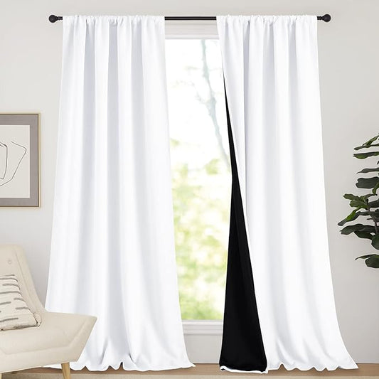 NICETOWN White 100% Truly Blackout Curtains, Rod Pocket Super Heavy-Duty Black Lined Total Darkness Drapes for Hall, Privacy Window Treatment Curtains for Patio (2 PCs, 52-inch W x 108-inch L)