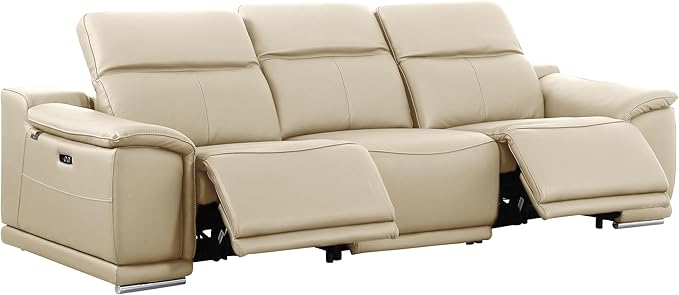 BlackJack Furniture Venice Top Grain Italian Leather Recliner 7 Seater 5 Power Reclining 3 Piece Sofa Set with Adjustable Headrests Modern Seating Sofa, Loveseat and Chair for Living Room , Beige