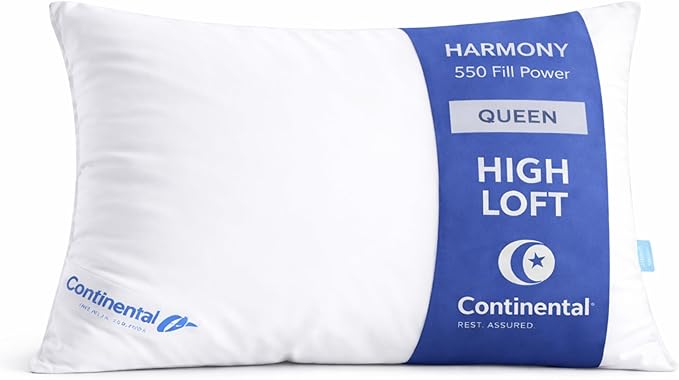 Continental Bedding Harmony White Goose Down Pillow 550 Fill Power Firm Loft 100% Cotton 300 Thread Count Shell Queen Size 1 Pack Made in USA