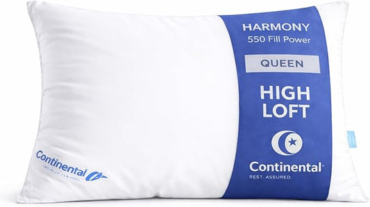 Continental Bedding Harmony White Goose Down Pillow 550 Fill Power Firm Loft 100% Cotton 300 Thread Count Shell Queen Size 1 Pack Made in USA
