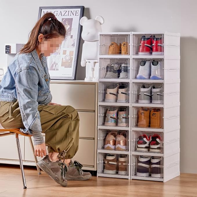 Shoe Rack Shoe Storage Box Bins Clear Collapsible Plastic Installation-Free Size up to 14, Stackable Foldable Tote with Lids Organizing Dustproof 6-Tiers