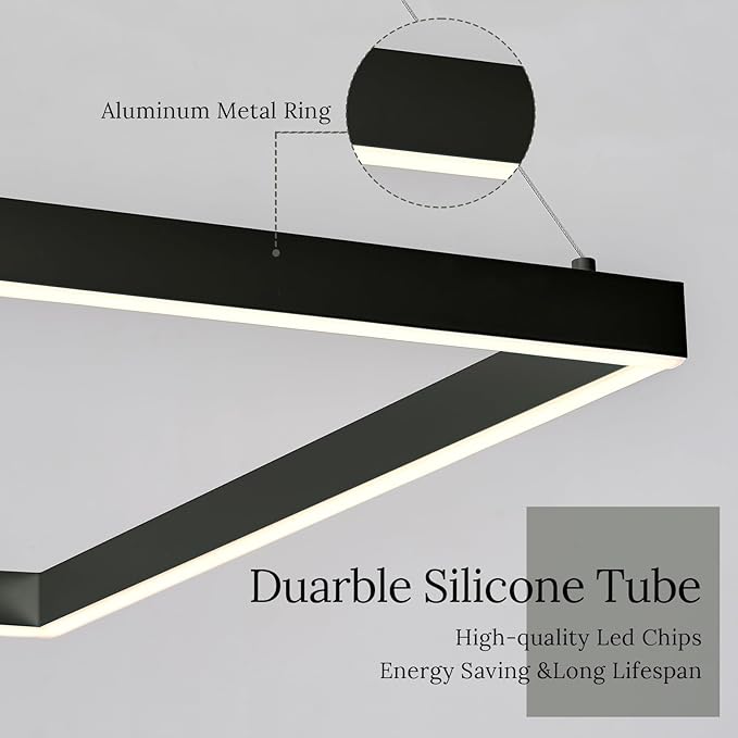 Modern 24" Square LED Chandelier, Black Linear LED Chandelier for Dining Room Dimmable Flush Mount Pendant Light for Living Room Kitchen Office, 3000-6500K
