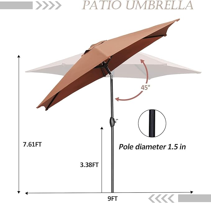 HYD-Parts 9FT Patio Umbrella Outdoor Table Umbrella,Market Umbrella with Push Button Tilt and Crank for Garden, Lawn, Deck, Backyard & Pool, with a Base (Coffee)