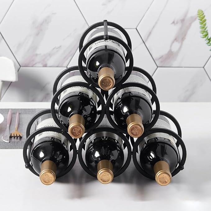 GeLive Small Tabletop Wine Rack 6 Bottles Triangle Freestanding Countertop Wine Bottle Holder Cabinet Pantry Wine Storage Stand Bottle Organizer for Coffee Bar Kitchen, Frosted Iron, Black