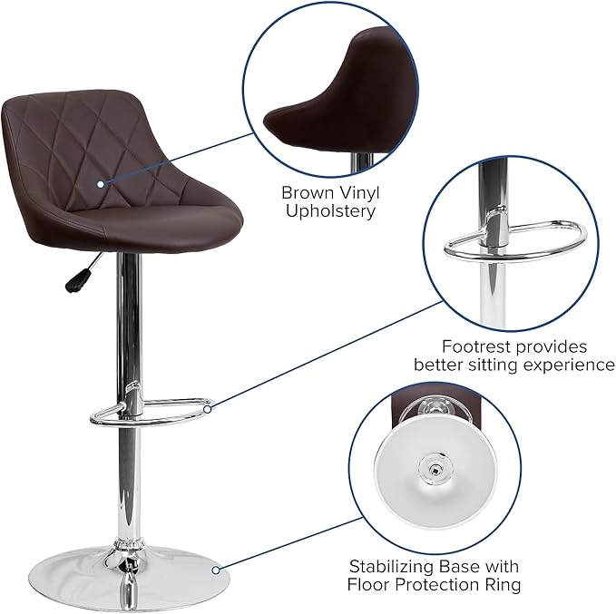 Flash Furniture Contemporary Brown Vinyl Bucket Seat Adjustable Height Barstool with Diamond Pattern Back and Chrome Base