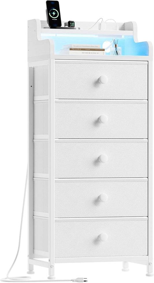 REAHOME 5 Drawer Dresser for Bedroom with Charging Station and LED Lights, White Chest of Drawers with with Shelves, Tall Night Stand with Sturdy Steel Frame & Wood Top for Bedroom - Leather White