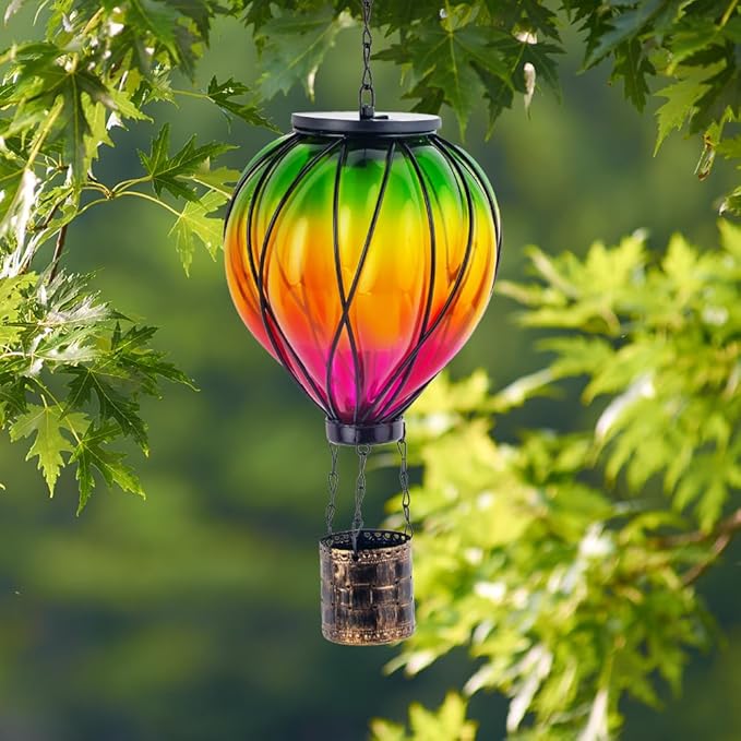 Colorful Solar Hot Air Balloon Lantern with Flame Flickering, Outdoor Waterproof Hanging Light for Patio, Porch, Yard, Garden Decor