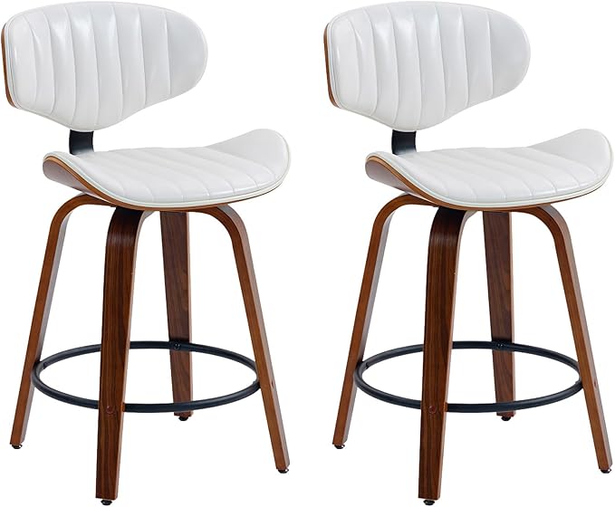 Counter Height Bar Stools Set of 2, 24 inch PU Leather Wooden Bentwood Barstools Swivel Modern Breakfast Bar Chairs with Backrest and Footrest for Kitchen Island, Dining Room D035-White-2
