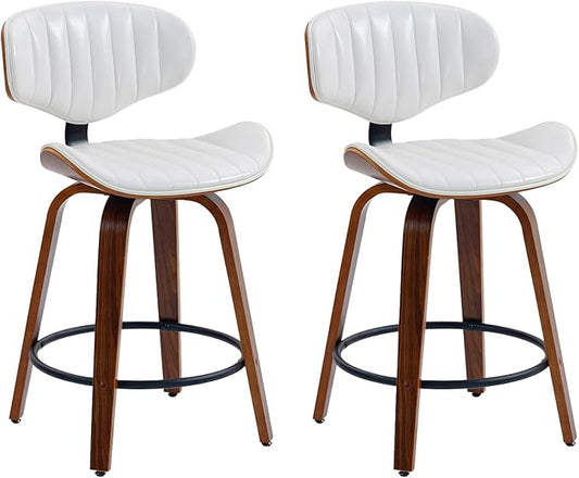 Counter Height Bar Stools Set of 2, 24 inch PU Leather Wooden Bentwood Barstools Swivel Modern Breakfast Bar Chairs with Backrest and Footrest for Kitchen Island, Dining Room D035-White-2