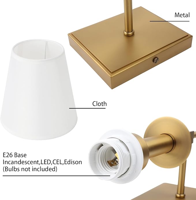 PERMO Set of 2 Classic Rustic Industrial Wall Sconce Lighting Fixture with Flared White Textile Lamp Shade and Antique Brass Tapered Column Stand, Hardwired, E26 Base