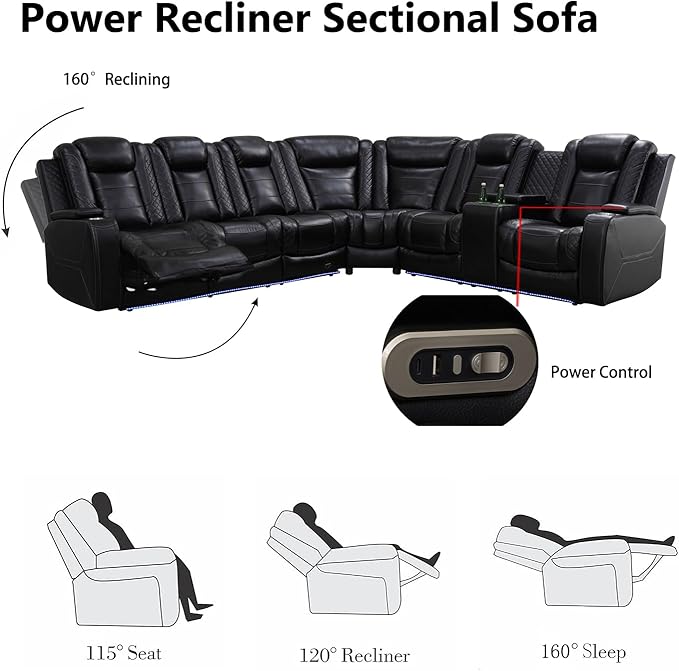 Power Recliner Sectional Sofa with LED Light, Breathing Leather Recliner Sofa Couch with USB Port/Cup Holder/Storage for Living Room (6 Seat Reclining Sectional Couch) (All Black Upgraded Version)