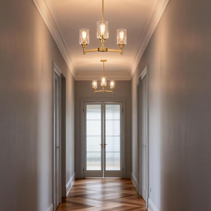 3-Lights Gold Chandeliers for Dining Room Light Fixture, Farmhouse Chandeliers Over Table, Hallway Lighting Fixtures with Glass Shade for Entryway Dining Room Kitchen Island Foyer