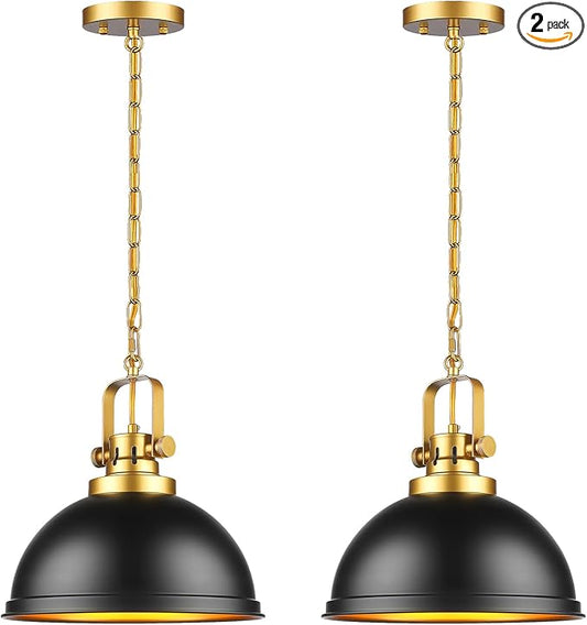 2-Pack Black Gold Pendant Lighting, Farmhouse Metal Pendant Lights Modern Matte Black Dome Industrial Light Fixture for Kitchen Island Restaurant Dining Room Hallway Entrance