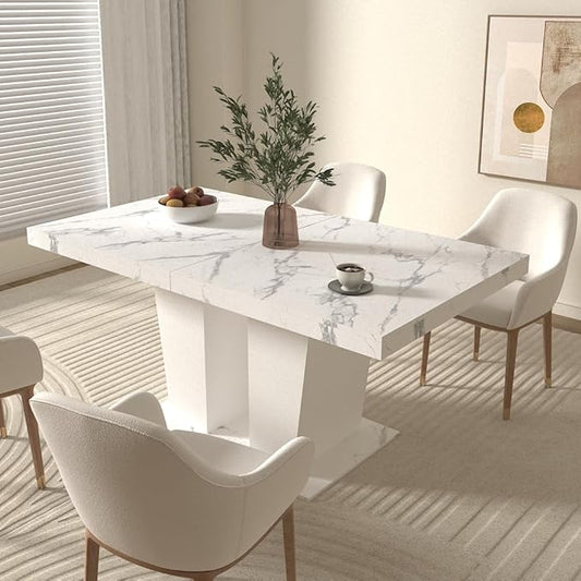 KEIKI Extendable Dining Room Table for 6-10 Person, Modern Large Rectangular Kitchen Tables w/Dual Column Pedestal Base for Kitchen Living Room, White Marble